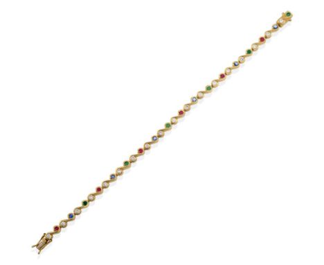 An 18 Carat Gold Diamond, Ruby, Sapphire and Emerald Bracelet, the round brilliant cut diamonds and round cut stones in yello