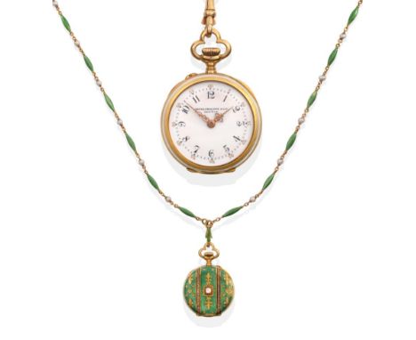 A Fine Lady's 18ct Gold Enamel Diamond Set Keyless Fob/Pendant Watch with the Original Enamel and Pearl Chain, signed Patek P