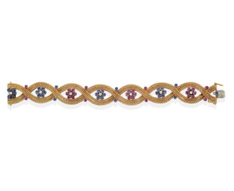 A Ruby, Sapphire and Diamond Bracelet, the double foxtail link chain entwined along the length with alternating ruby and sapp