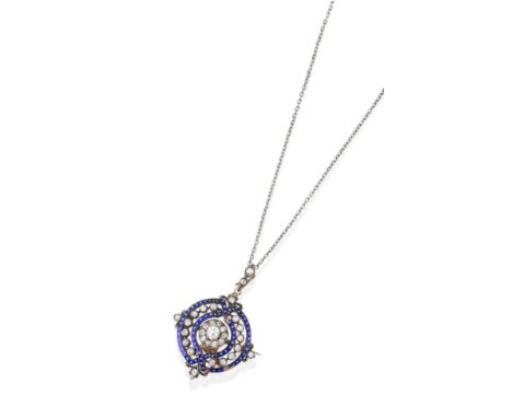 A Diamond and Blue Enamel Brooch/Pendant, circa 1880, a central cluster of old cut diamonds within crossed over borders of bl