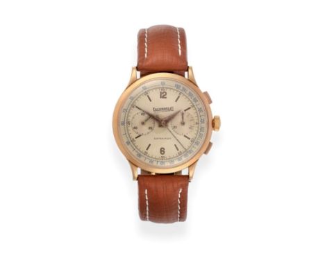 An 18ct Gold Chronograph Wristwatch, signed Eberhard, model: Extra Fort, circa 1955, lever movement signed Eberhard, column w