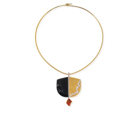 ^ An 18 Carat Gold Onyx, Fire Opal and Diamond Pendant on Collar, by Andrew Grima, a carved onyx plaque mirrored by textured 