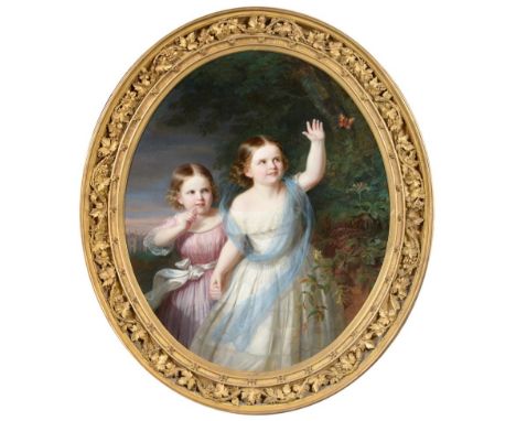 Circle of Charles Baxter (1809-1879) Two young girls chasing a butterfly in a country house garden Oil on canvas, 93cm dia. (