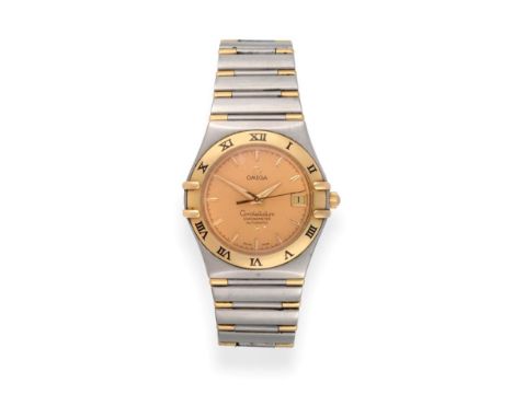 A Steel and Gold Automatic Calendar Centre Seconds Wristwatch, signed Omega, model: Constellation Chronometer, circa 1995, le