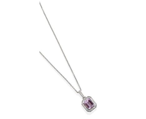 An 18 Carat White Gold Kunzite and Diamond Pendant on An 18 Carat White Gold Belcher Chain, an octagonal step cut kunzite wit