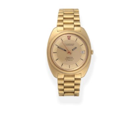 An 18ct Gold Calendar Centre Seconds Electronic Wristwatch, signed Omega, Electronic F300Hz, model: Constellation Chronometer