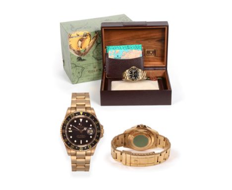 An 18ct Gold Dual Time Zone Automatic Calendar Centre Seconds Wristwatch, signed Rolex, Oyster Perpetual Date, Superlative Ch