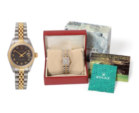 ^ A Lady's Steel and Gold Automatric Calendar Centre Seconds Wristwatch, signed Rolex, Oyster Perpetual, Superlative Chronome