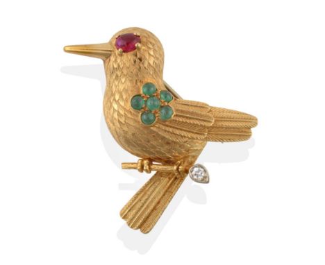 ^ An 18 Carat Gold 1960's Ruby, Emerald and Diamond Novelty Bird Brooch, by Cartier, modelled as a long tailed bird perched o