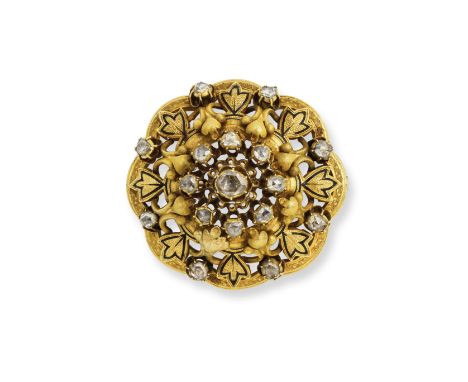 BROCHE EMAIL ET DIAMANTS, TRAVAIL FRANCAIS, FIN DU 19EME SIECLEDe forme ronde, sertie d'émail et de diamants de taille rose s