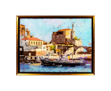 Colorful palette knife painting on board displaying a bright Venetian harbor with a yacht, stone arches, and lighthouse. Sign