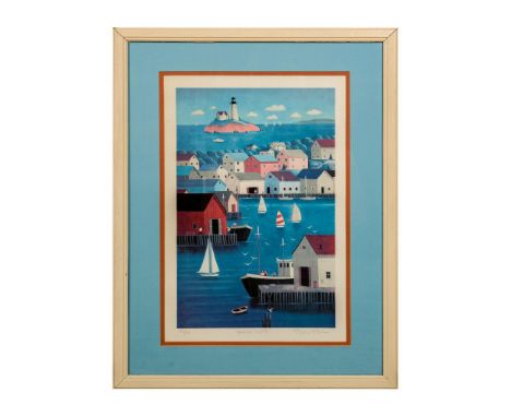 Harbor Scene in a Folk Art style made by Steven Klein who combines realistic elements with non-Academic perspectives. Made wi
