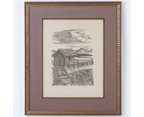 Set of two vintage original woodcuts on paper. One represents a mountain view with a wooden shed set amongst tall pine trees 