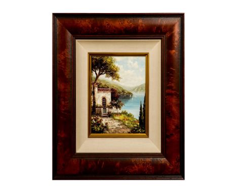 Post-impressionist oil on canvas painting featuring a walkway leading to a white Tuscan-style home with a bay and mountains i