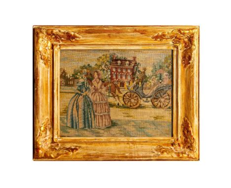 This hand-made tapestry in pastel colors is knit with small stitches for the figures, horse, and buggy. The house and trees, 