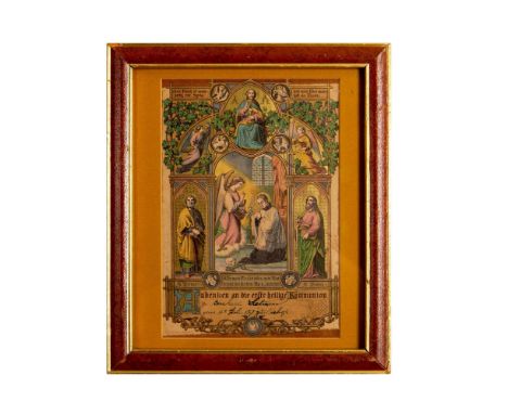 This color lithograph of a German Certificate of Communion for Bernhard Sietmann is enhanced with gold leaf and includes lune