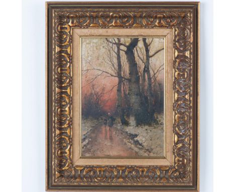 Antique oil on board painting that depicts a Winter scene in a Dutch countryside. A mother and child walk in a snowy path ill