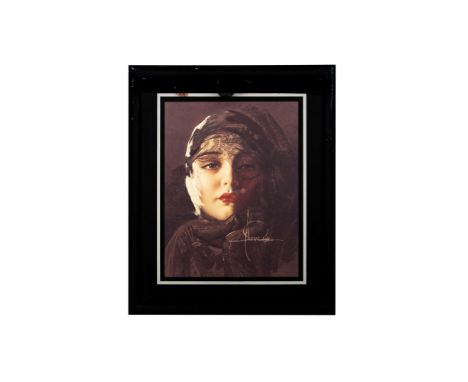 Original Vintage Art Deco Style Fine Art Print A Portrait of a Pretty Lady Wearing Red Lipstick. Measures 20" x 16.5" includi