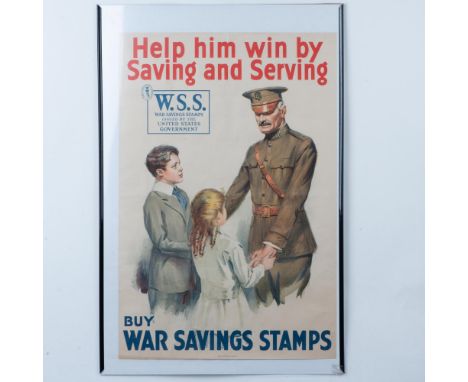 Original WWI color lithographic poster for American Savings Stamps entitled Help him Win by Saving and Serving - Buy War Savi