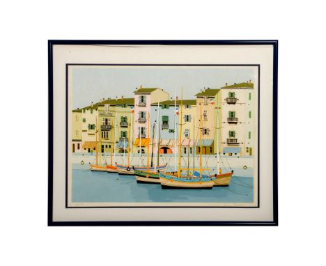 Original color serigraph by French artist Pierre Montell that depicts the fashionable village of St-Tropez on the Mediterrane