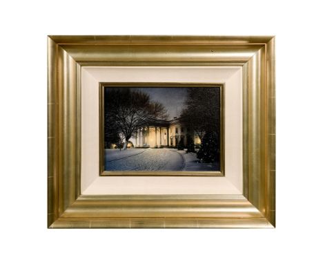 Title: America's Home. Highly detailed giclee print on canvas featuring the White House with a snow-covered yard and warm lig