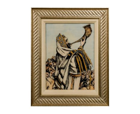 Engraved acrylic block that depicts a Jewish rabbi blowing the shofar as a group of men listen to the sacred sound of the hor