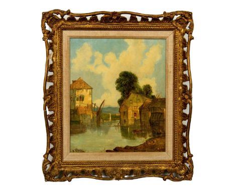Original oil on canvas by British painter Alfred Vickers who depicted a scenic waterway where a mill is seen from the back of