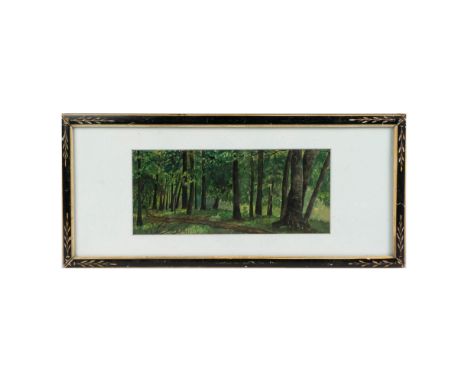 Original watercolor on paper that represents a path winding in a forest where dabs of light peak through the tree leaves. Hou