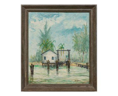 Outstanding oil on canvas entitled Sanibel Landing, Sanibel by artist Robert Klotz who spent the mid-20th century representin