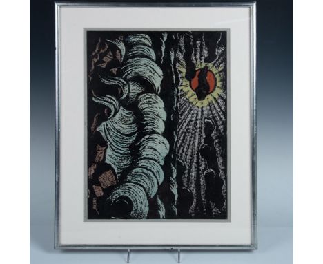 Outstanding hand-colored large woodcut of a nocturnal seascape by Israeli painter and woodcut artist Jacob Steinhardt. He dep