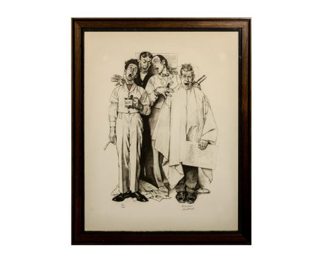 Outstanding lithograph on paper entitled Barbershop Quartet, made in black &amp; white with a single shade of red on the barb