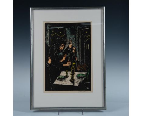 Original hand colored woodcut that depicts a Jewish household with bright stars shining through the open windows. Israeli pai