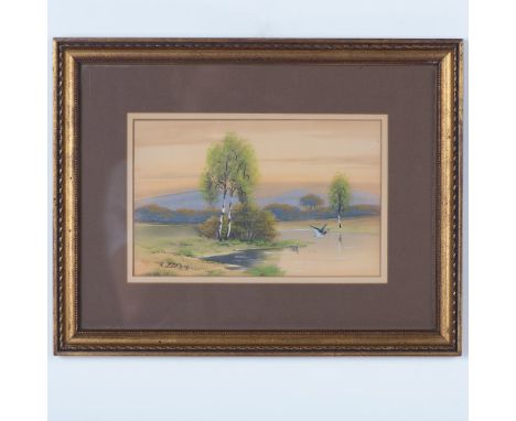 Set of two gouache on paper with one depicting mallard ducks in a serene landscape by the water that glows from the sun setti