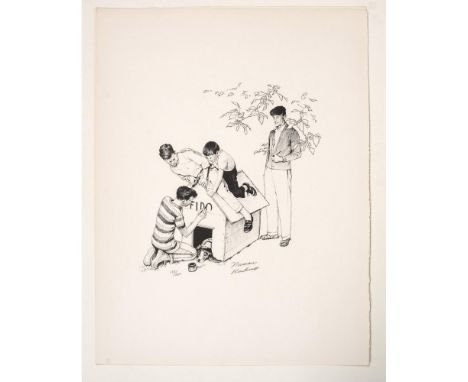 Original lithograph on Arches paper entitled Fido's Dog House by illustrator and painter Norman Rockwell, originally commissi