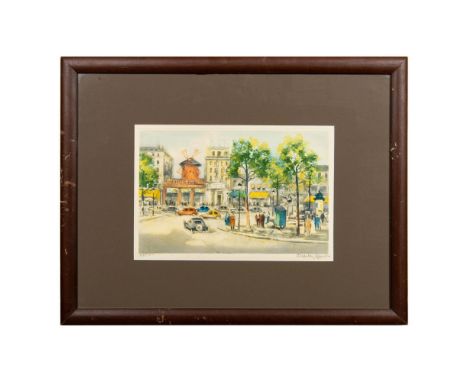 Limited edition color lithograph depicting a bustling mid-century French streetscape as people tour the city. Housed in a dis