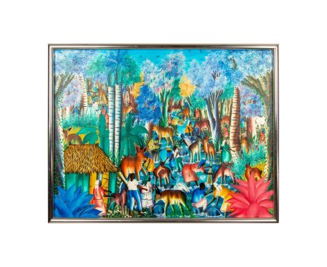 Superb example of Haitian Art in this large acrylic on canvas painting by B. Charles. This animated genre scene depicts a lus