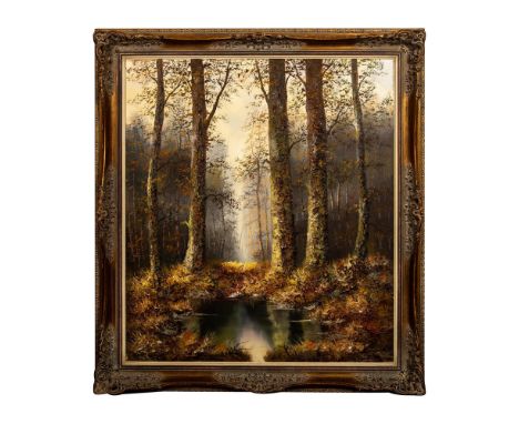 Large original oil on canvas that depicts an Autumn forest landscape with a clearing where the diffuse light glows on a seren