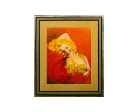 Vintage print of a glamorous blonde woman in a diamond accented flirty dress. Framed and matted behind glass. Dimensions: 24"