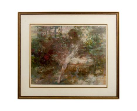 Lovely print depicting nude woman sitting in a hammock under dappled light through the trees. Pencil signed by the artist low