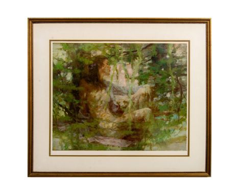 Lovely print depicting nude woman sitting amongst the trees in dappled light. Pencil signed by the artist lower left and numb
