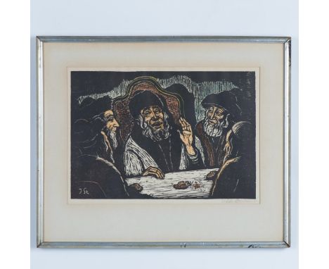 Original hand-colored woodcut that depicts three Jewish men learning and debating Chassidism while seated at a table lit by c