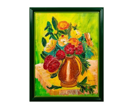 This exuberant oil and acrylic on canvas artwork depicts a bunch of flowers and foliage in a vase painted by Adeline Rich. Cr