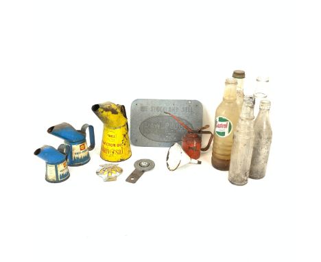 Vintage oil cans to include Shell tractor oil, anti-freeze, Castrol oil bottle, Rawlplugs metal sign and other items.