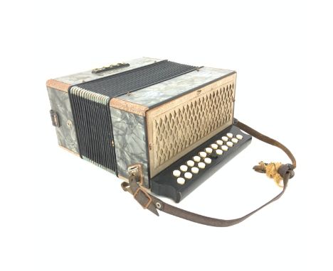 Black dot Double-Ray Hohner accordion, 1940's German export market. 28cm x 25cm x 28cm. (Bellows in working order).