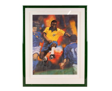 F&G limited edition signed print by Pele signed 1265/1282, still picture playing in an international football match, possibly