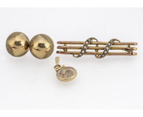 A pair of 9ct gold stud domed earrings, 9ct gold seed pearl bar brooch and small yellow metal pendant, 4.4g