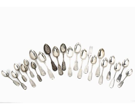 A group of 19th Century Russian silver spoons and a fork, all fiddle pattern style with engraved designs, 39.9 ozt (parcel)