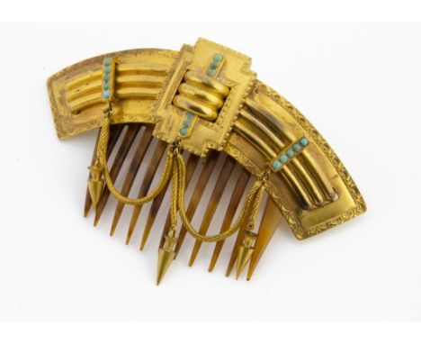 A 19th Century gilt metal turquoise and tortoiseshell hair ornament in the antique style, the curved gilt top with stepped ce