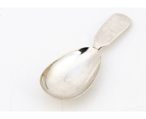 A Victorian silver tea caddy spoon by Andrew Davidson, fiddle handle and with forked V to bowl, Edinburgh 1855, 8.5cm and 0.4