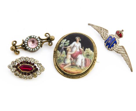 A collection of miscellaneous brooches, including an oval transfer printed porcelain example with a classical female, a 19th 